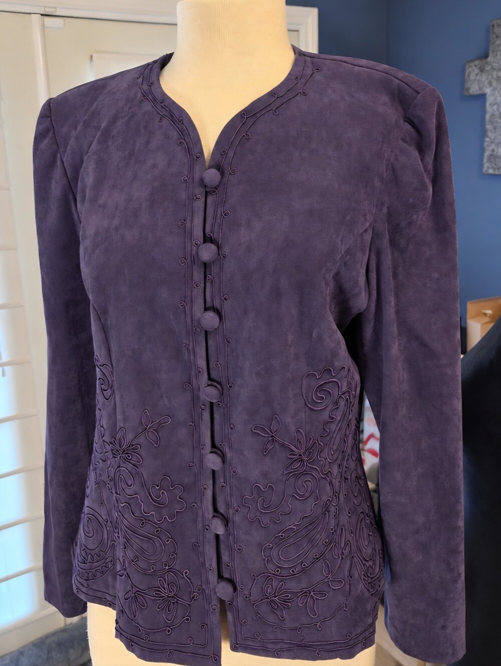 Karin Stevens Purple Suede Embroidered Button Front Jacket -Small